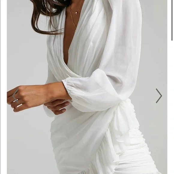 PLUNGE BALLOON SLEEVE MINI DRESS IN WHITE - Picture 5 of 9